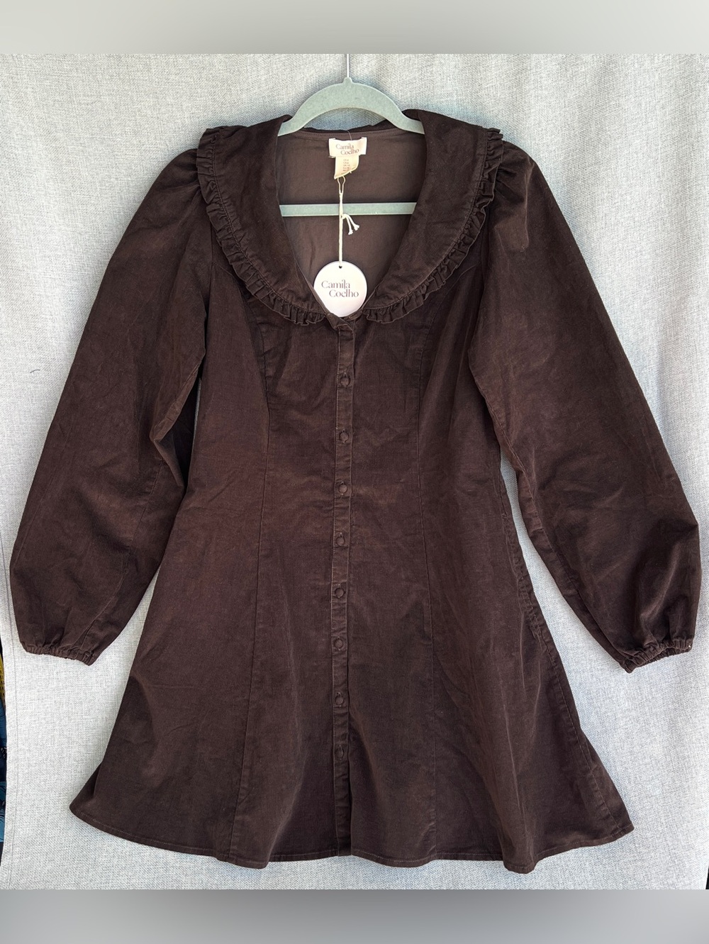 Camila Coelho corduroy velvet long sleeve button down mini dress brown size 6